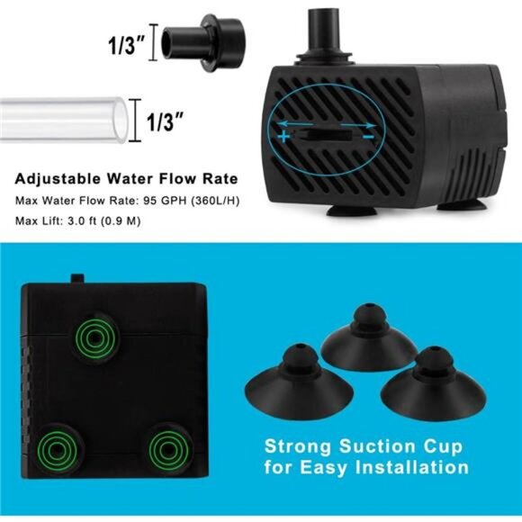 95GPH 5W Mini Submersible Water Pump for Aquarium Fish Tank, Pond, Fountain - Picture 5 of 7
